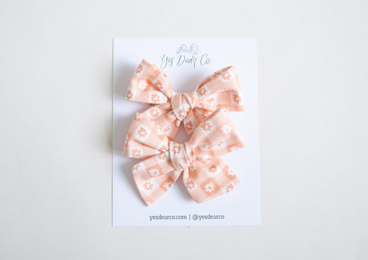 Peach Flowers Gingham | Pigtail Bows