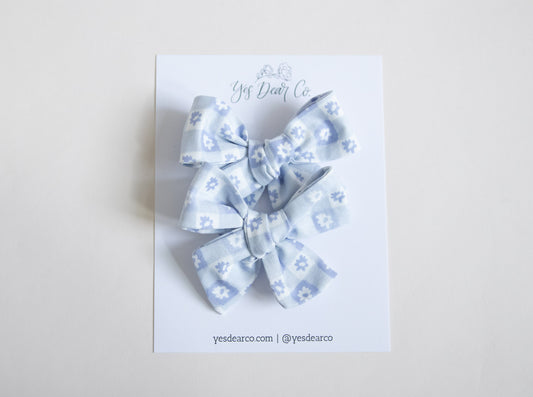Blue Flowers Gingham | Pigtail Bows